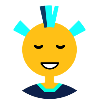 Huxley, eine gezeichnete Figur mit gelbem Kopf, türkisen Haarsträhnen und einem Lächeln